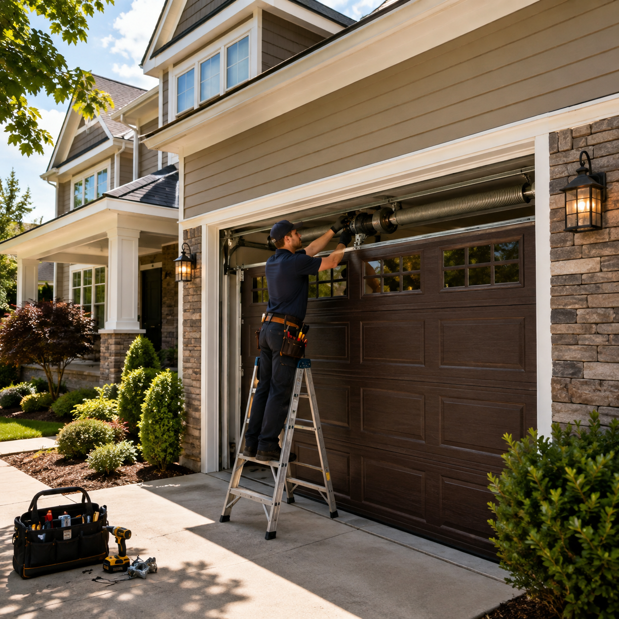Garage door technician working on a residential garage door system in Farmington Hills MI