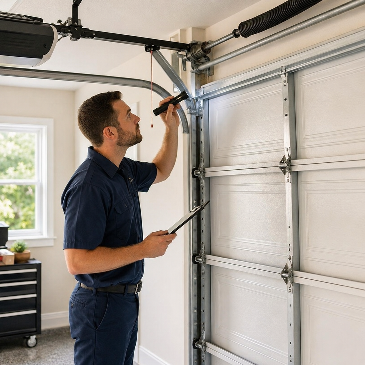 Garage door technician inspecting a residential garage door in Farmington Hills MI